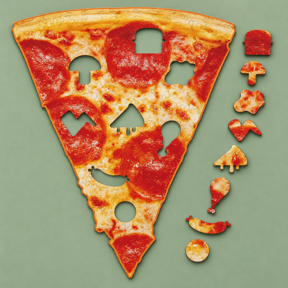 Pepperoni Slice Wooden Jigsaw Puzzle – Food Shaped Puzzle with 115 Pieces