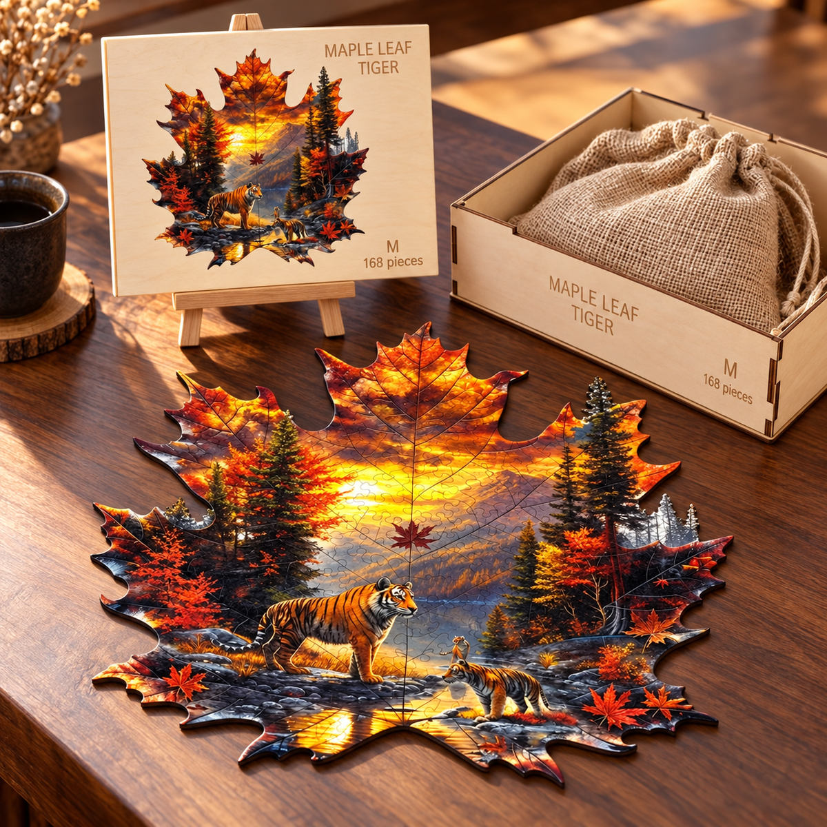 Autumn Tiger Haven Wooden Jigsaw Puzzle – Maple Leaf Shaped Wildlife Art