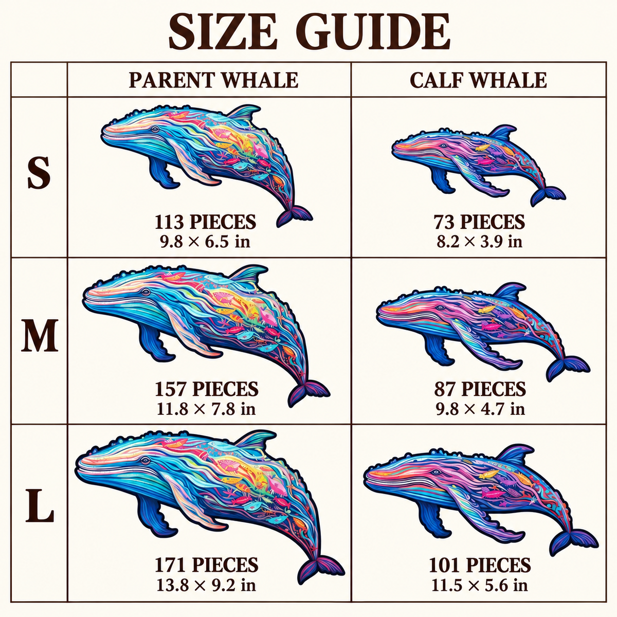 Ocean Companions Wooden Jigsaw Puzzle – Colorful Whale & Calf Duo