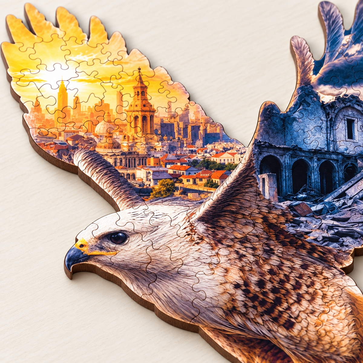 Eagle of Two Horizons Wooden Jigsaw Puzzle – Golden City & Ruins Art