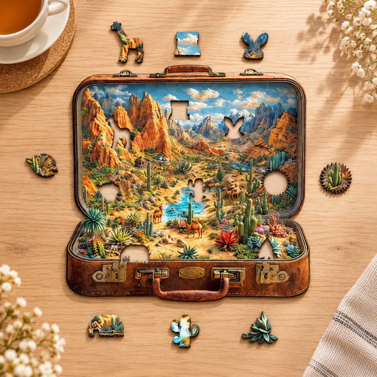 Desert Escape Wooden Jigsaw Puzzle – Suitcase Shaped Landscape Art