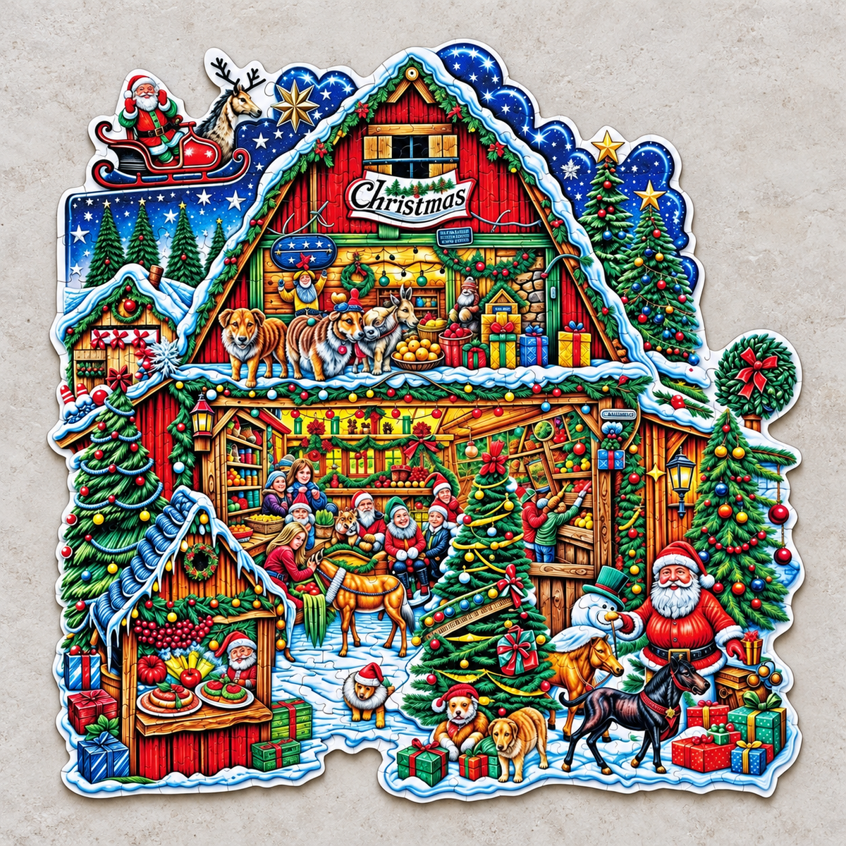 Holiday Market Magic Wooden Jigsaw Puzzle – Santa’s Snowy Christmas Shop