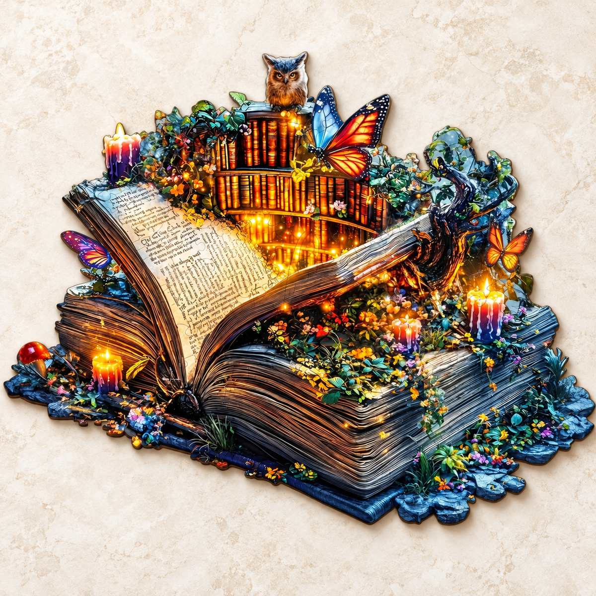 Enchanted Library Wooden Jigsaw Puzzle – Owl & Butterfly Book Art