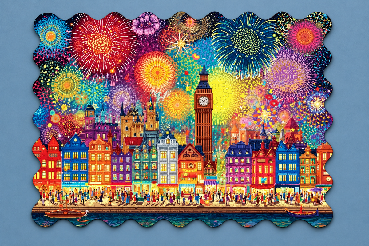 Festival Lights Wooden Jigsaw Puzzle – Fireworks Skyline & Colorful Waterfront City