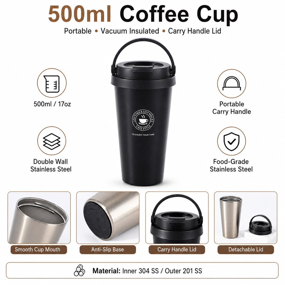Custom Logo 304 Liner Stainless Coffee Tumbler 500Ml