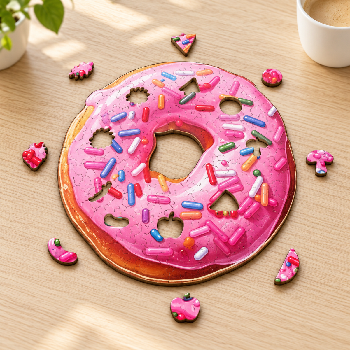 Pink Sprinkle Doughnut Wooden Jigsaw Puzzle – Sweet Treat Food Art