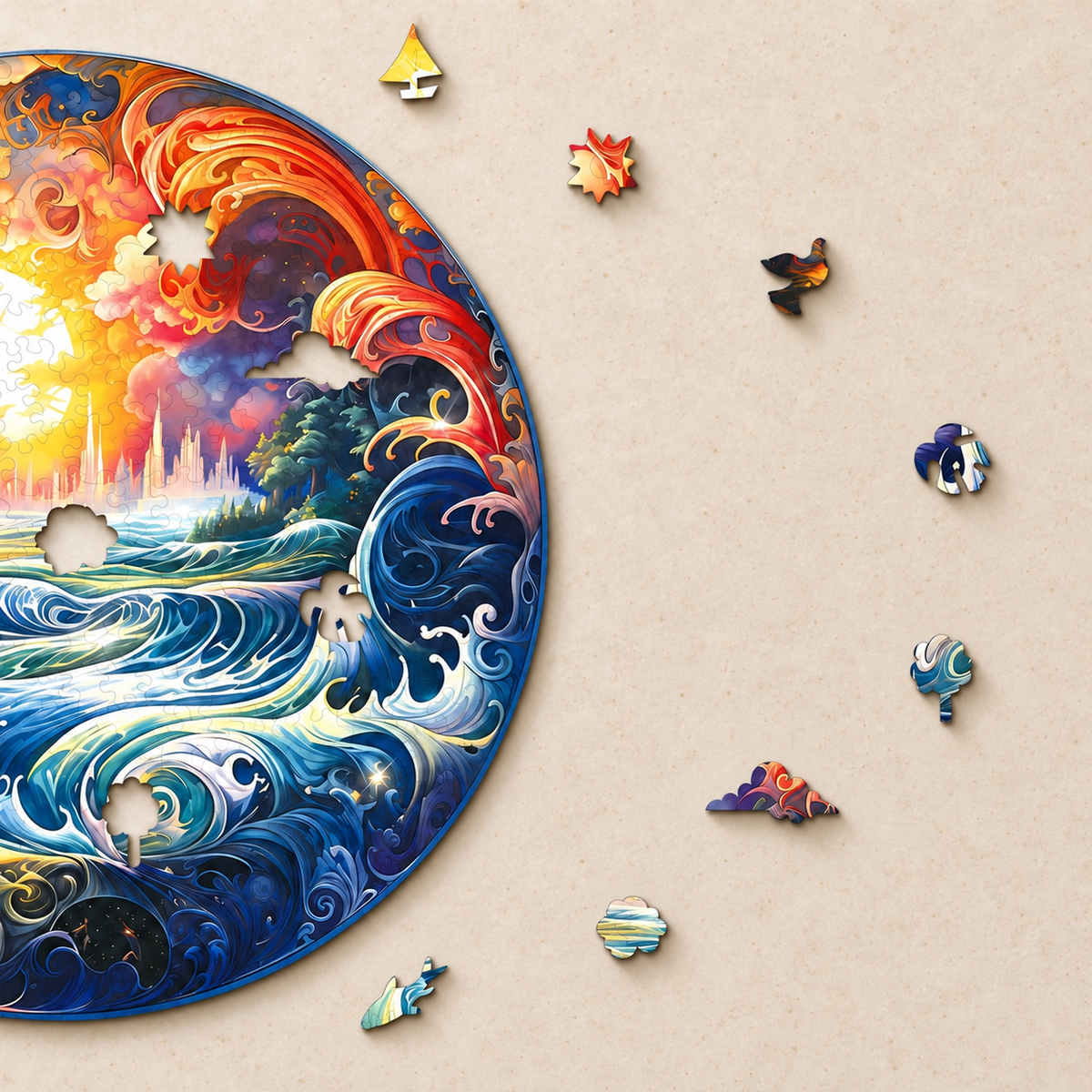 Golden Horizon Wooden Jigsaw Puzzle – Swirling Ocean Waves & Sunset Art
