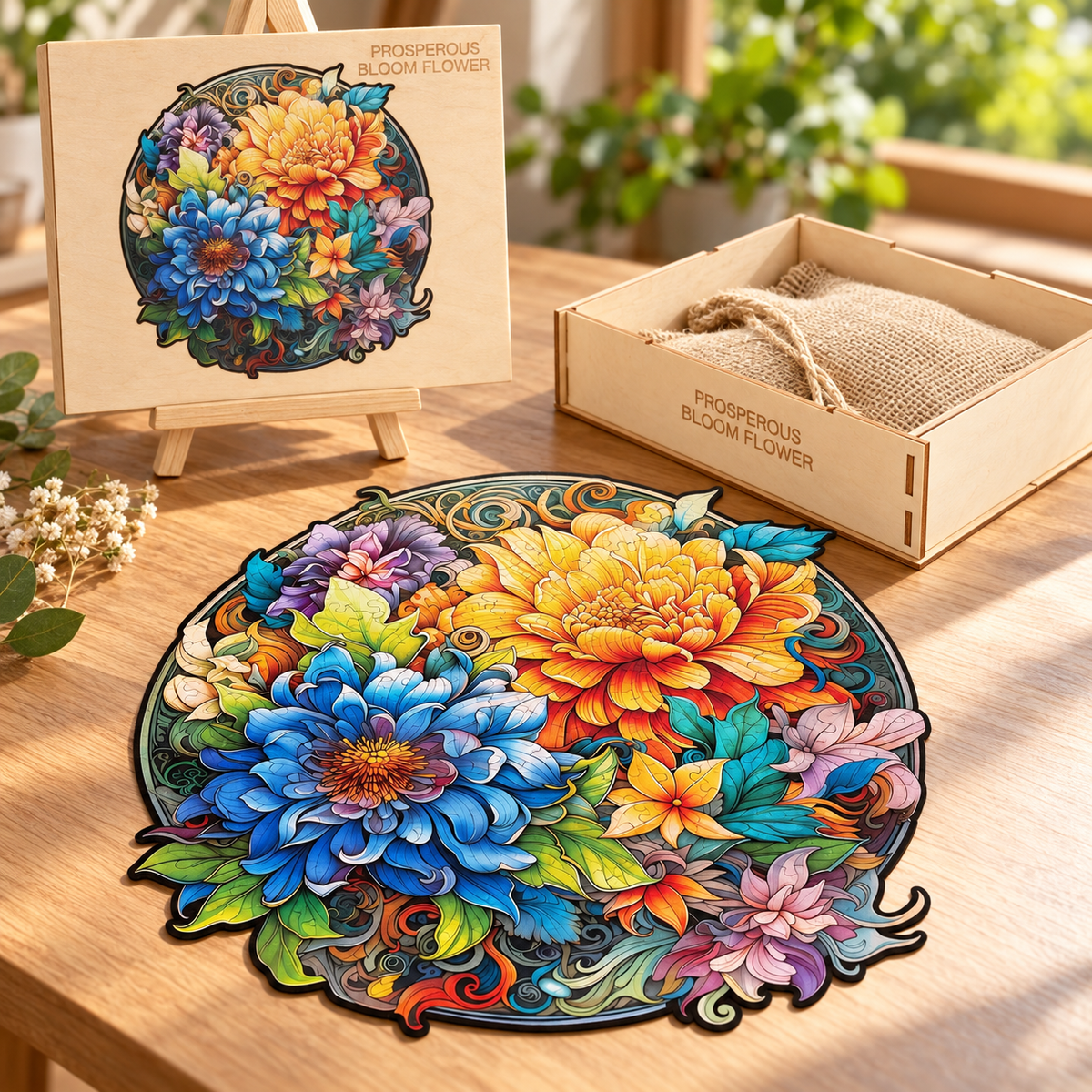 Golden & Blue Blossom Wooden Jigsaw Puzzle – Ornate Floral Garden Art
