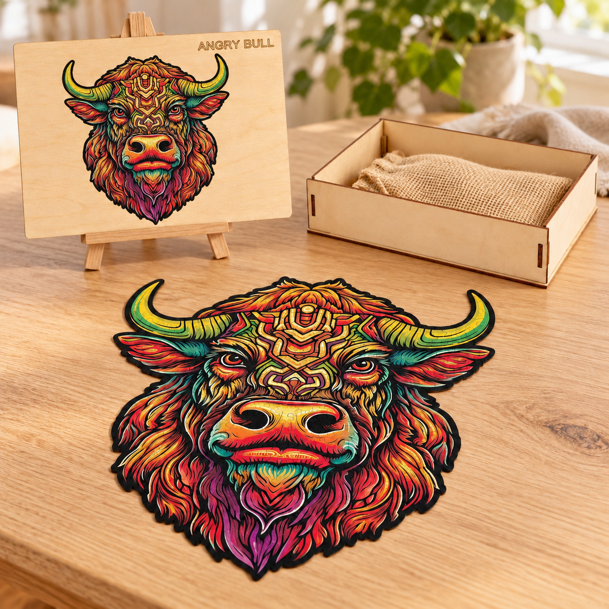 Blazing Spirit Bull Wooden Jigsaw Puzzle – Vibrant Animal Portrait