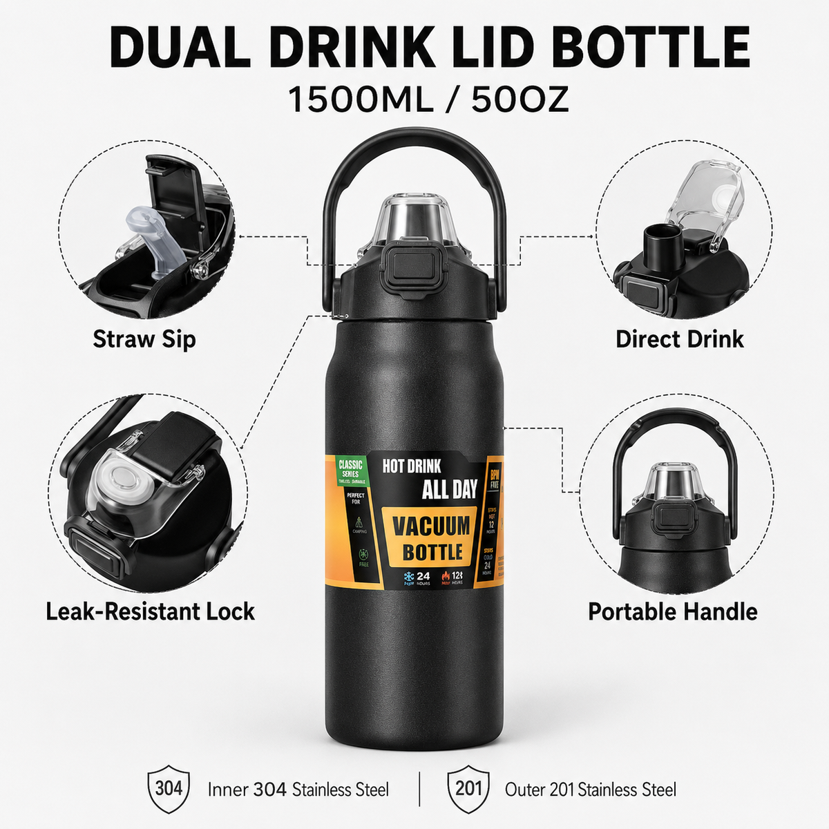 Custom 1500ml Stainless Steel Bottle With Dual Lid