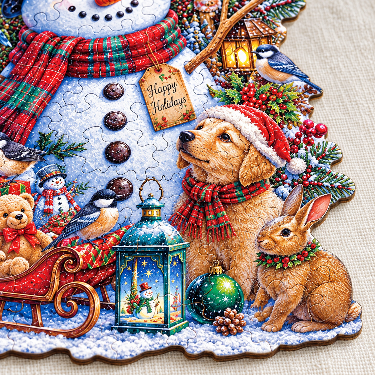 Snowman & Woodland Friends Wooden Jigsaw Puzzle – Festive Christmas Scene