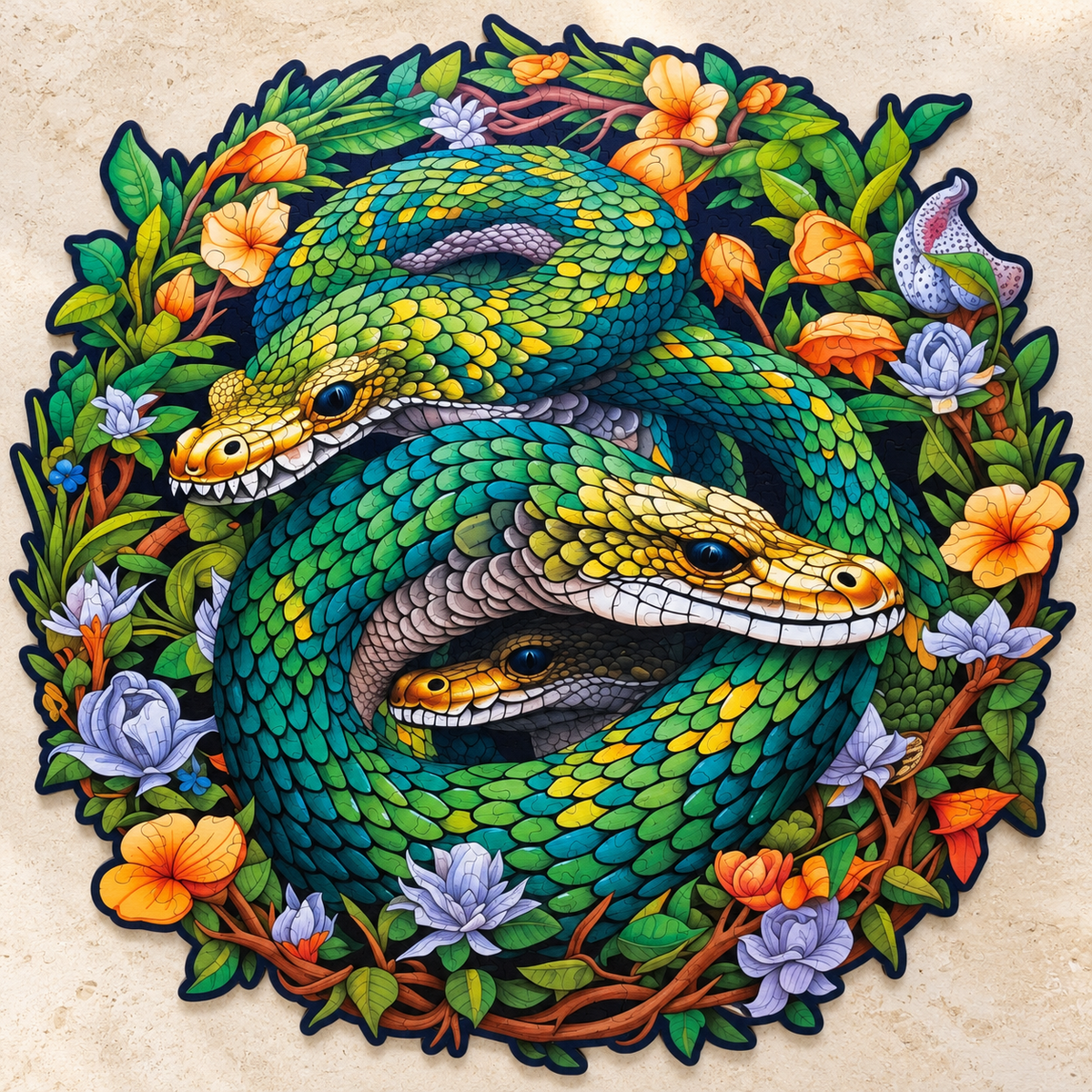 Emerald Serpent Garden Wooden Jigsaw Puzzle – Snake Family & Floral Art