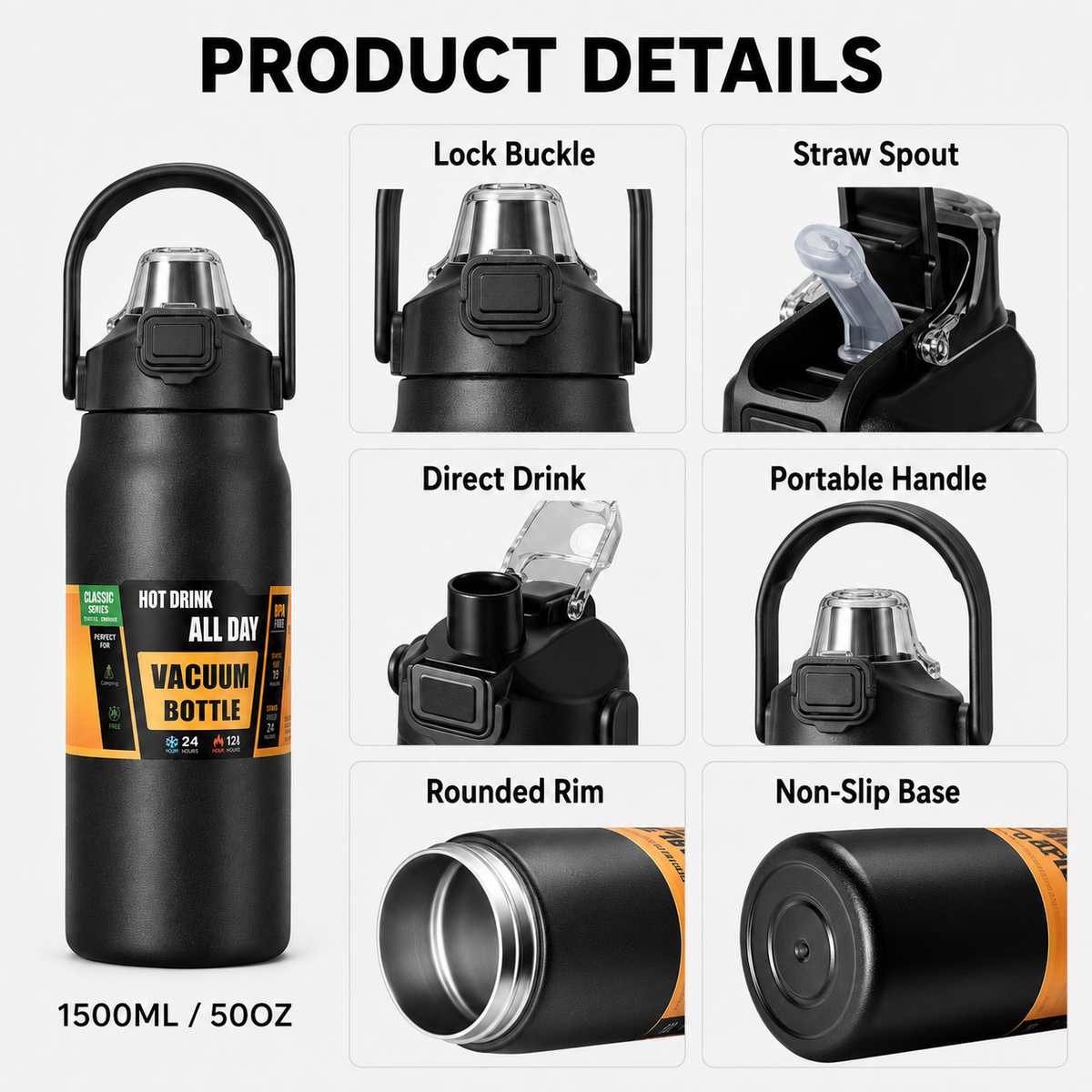 Custom 1500ml Stainless Steel Bottle With Dual Lid