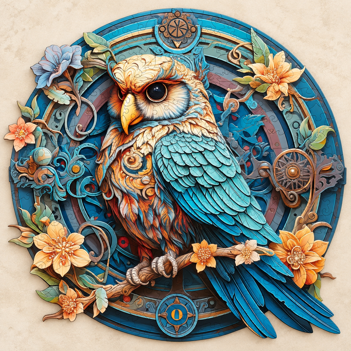 Ornate Blue Owl Wooden Jigsaw Puzzle – Floral & Gear Artwork