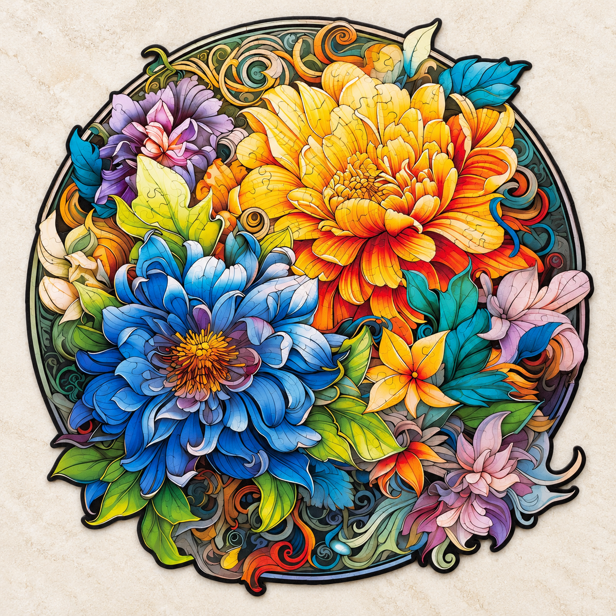 Golden & Blue Blossom Wooden Jigsaw Puzzle – Ornate Floral Garden Art