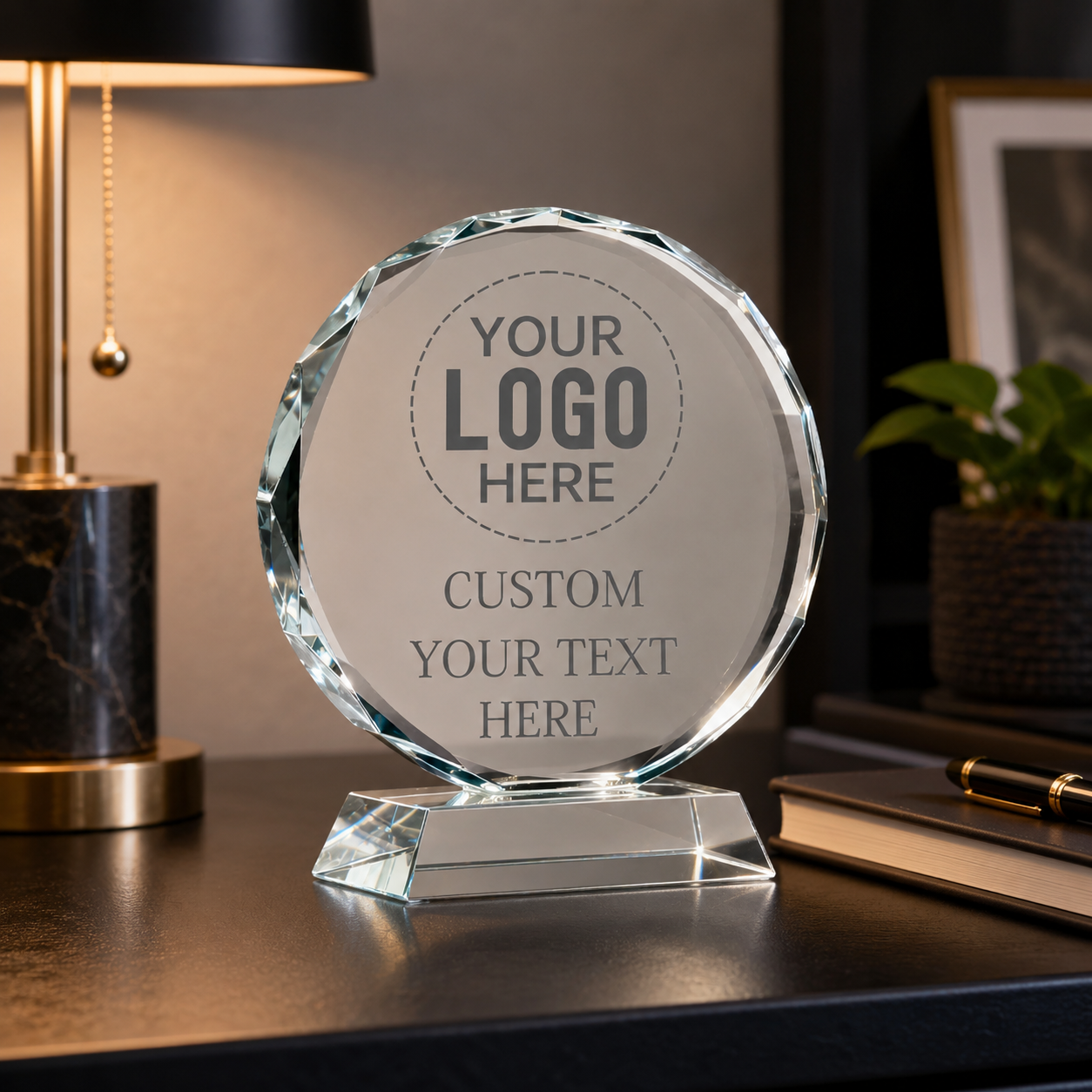 Custom Round Crystal Trophy with Crystal Base