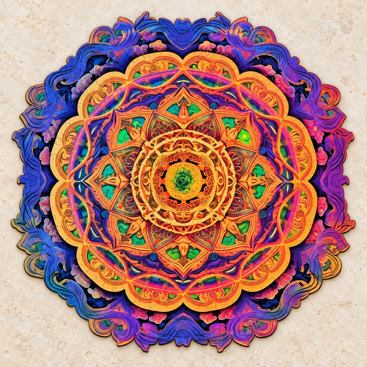 Radiant Harmony Mandala Wooden Jigsaw Puzzle – Colorful Geometric Art