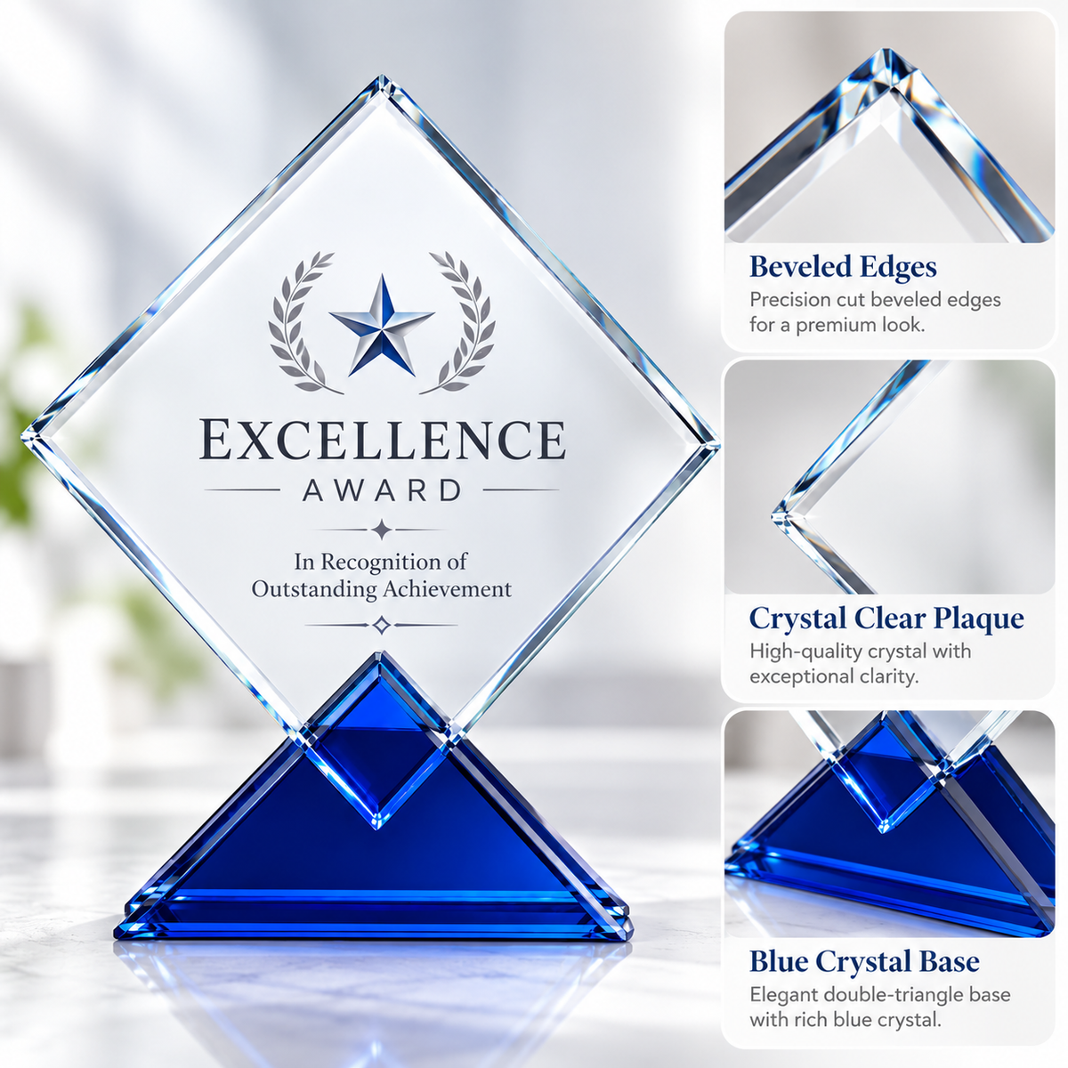 Custom Diamond Crystal Plaque with Blue Triangular Base