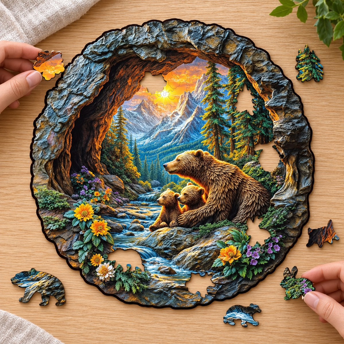 Bear Family by the Mountain Stream Wooden Jigsaw Puzzle with 3D Visual Effect