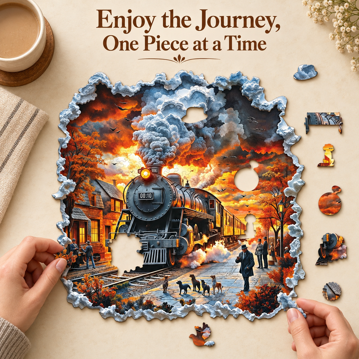 Vintage Steam Train at Sunset Wooden Jigsaw Puzzle with 3D Visual Effect