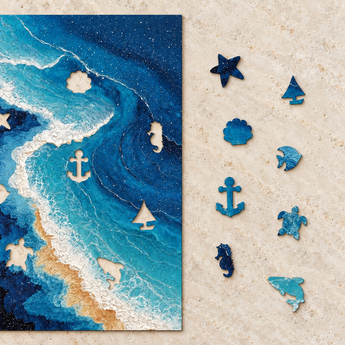 Azure Tide Wooden Jigsaw Puzzle – Abstract Ocean Waves & Golden Shore Art