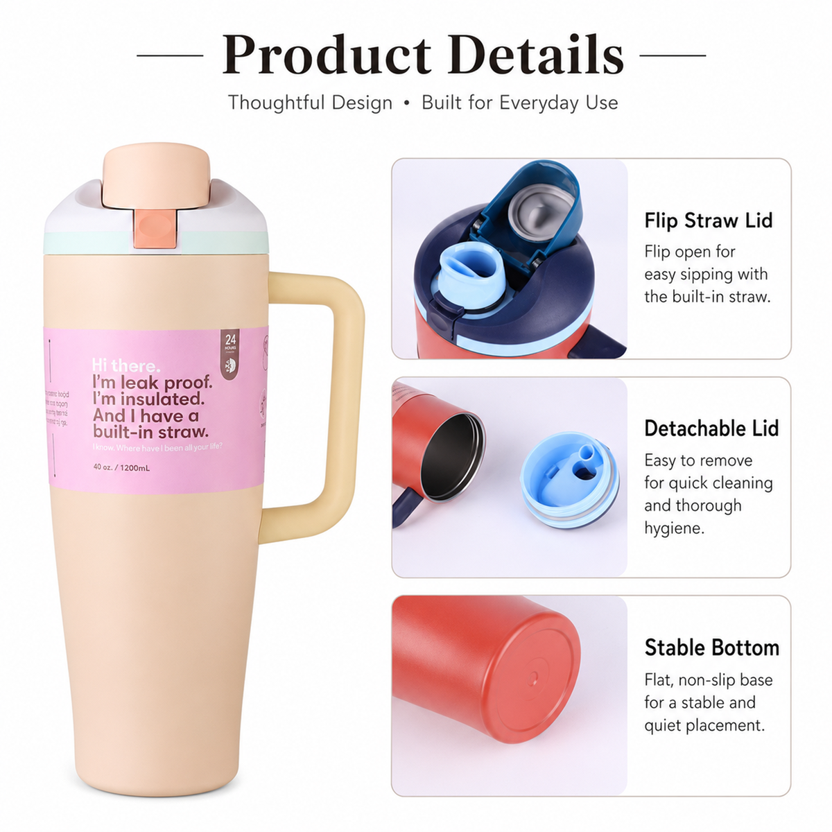 Custom 40oz Insulated Tumbler With Pop Up Dual Drink Flip