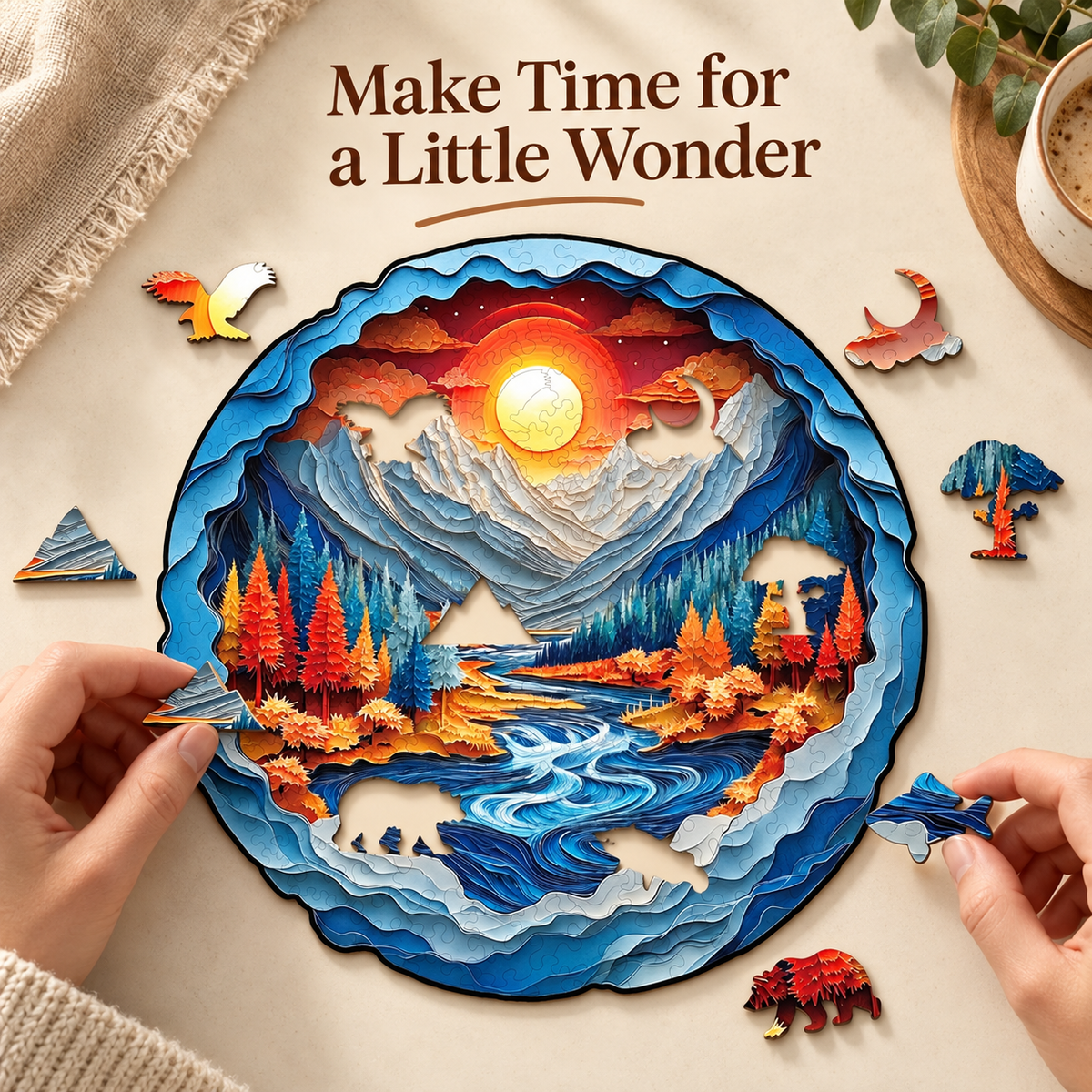 Sunset Alpine River Wooden Jigsaw Puzzle with 3D Visual Effect