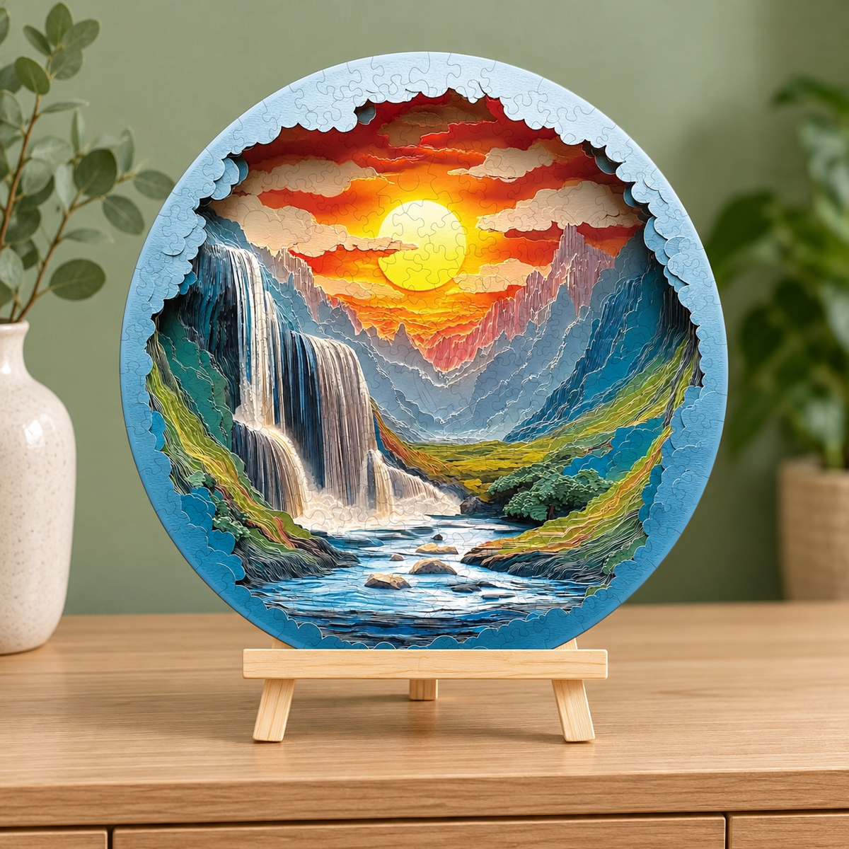 Sunset Waterfall Canyon Wooden Jigsaw Puzzle with 3D Visual Effect