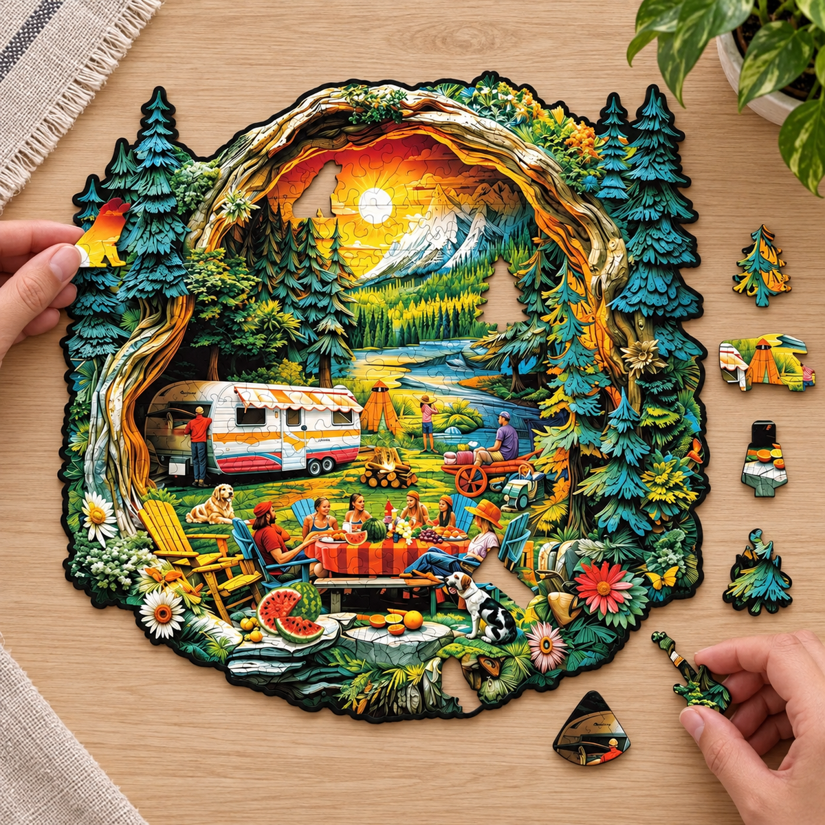 Lakeside Summer Camping Wooden Jigsaw Puzzle with 3D Visual Effect