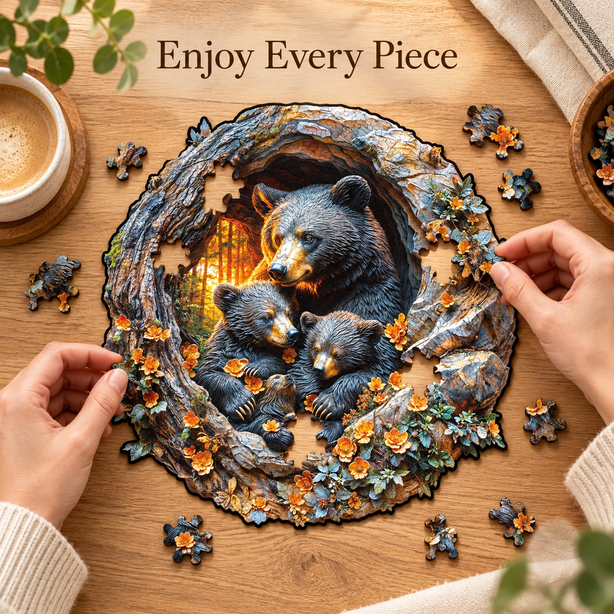 Bear Family in a Tree Hollow Wooden Jigsaw Puzzle with 3D Visual Effect