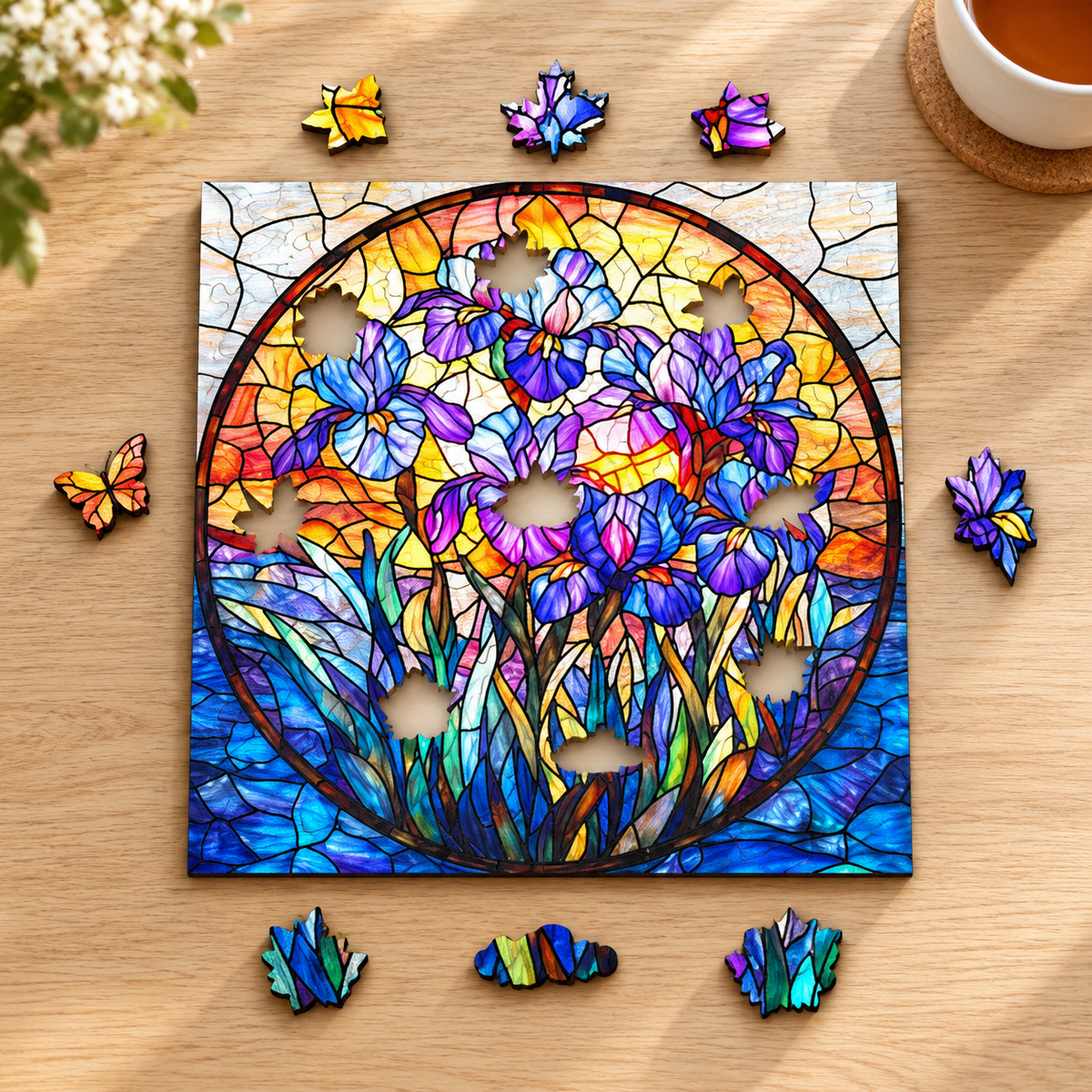 Twilight Iris Wooden Jigsaw Puzzle – Colorful Stained Glass Style Floral Art