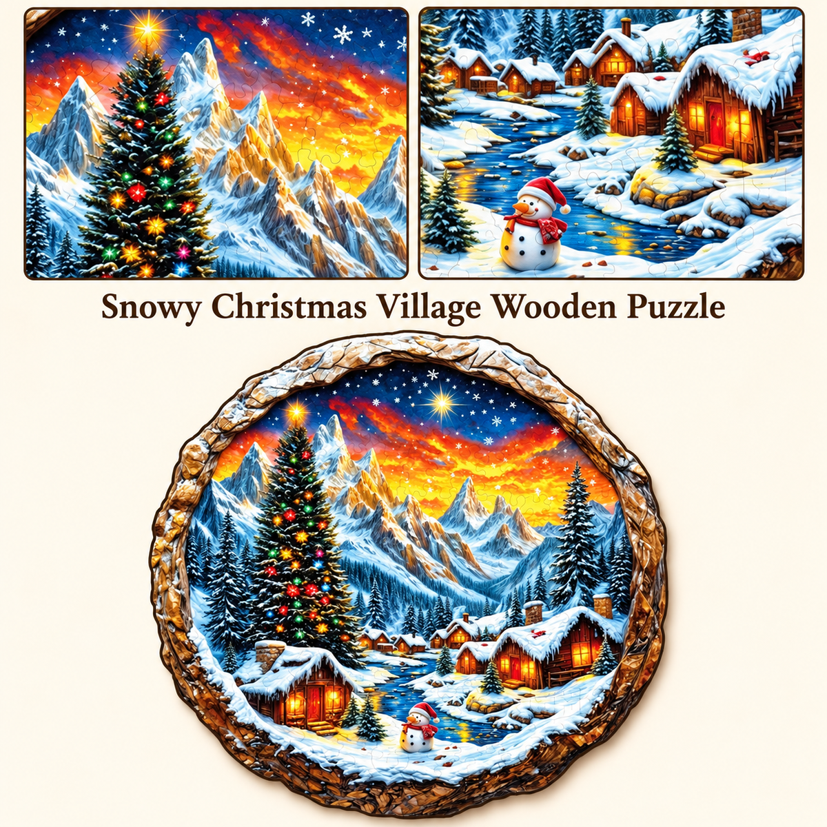 Snowy Christmas Village Wooden Jigsaw Puzzle with 3D Visual Effect
