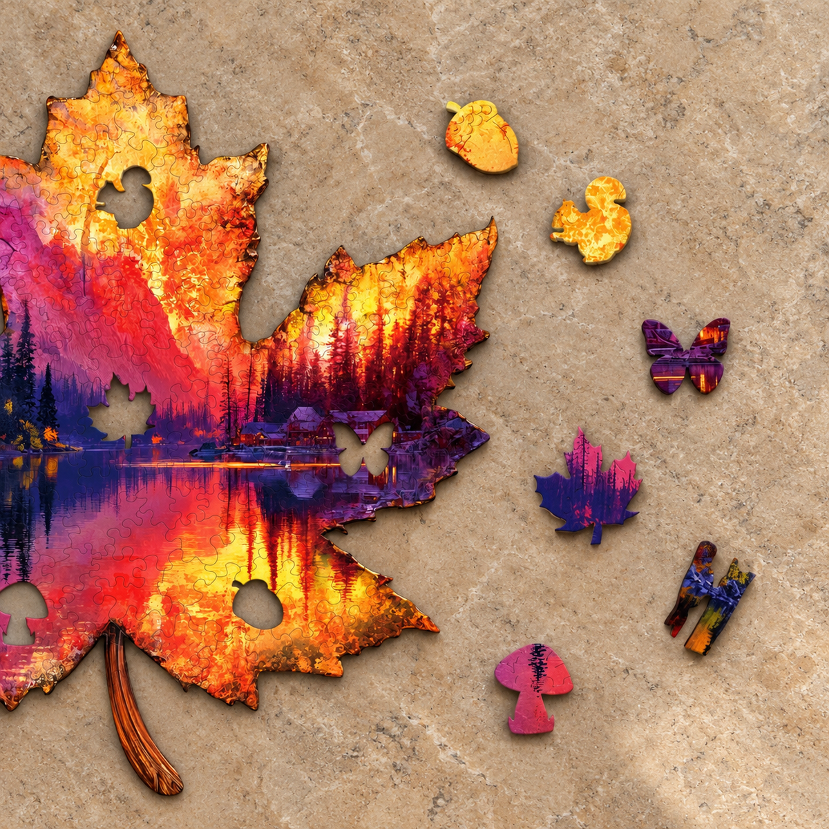 Amber Lake Retreat Wooden Jigsaw Puzzle – Maple Leaf Forest & Cabin Reflection