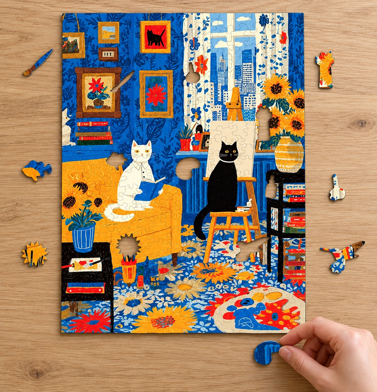 A Cozy Atelier with Two Cats – Wooden Jigsaw Puzzle