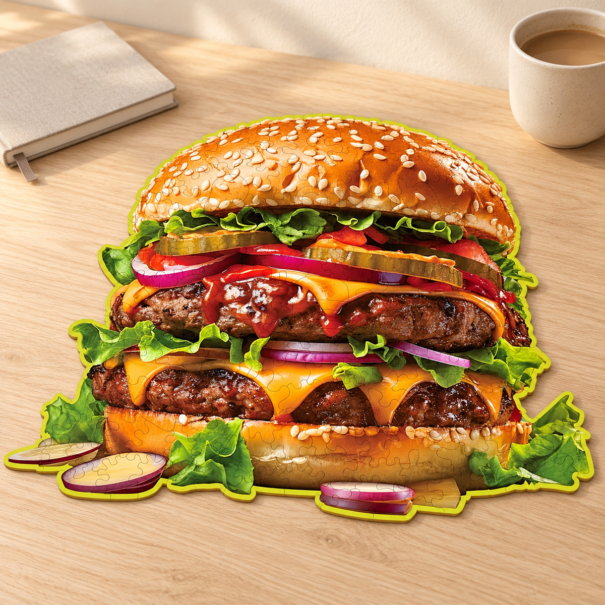 Double Cheeseburger Wooden Jigsaw Puzzle – Burger Shaped Food Art
