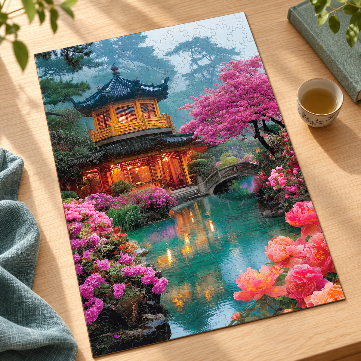 Blossom Stream Retreat Wooden Jigsaw Puzzle – Lantern Pavilion & Garden Bridge