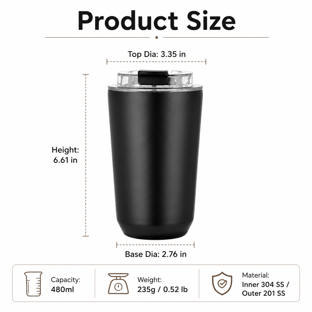 480ml Stainless Steel Custom Logo Travel Coffee Tumbler