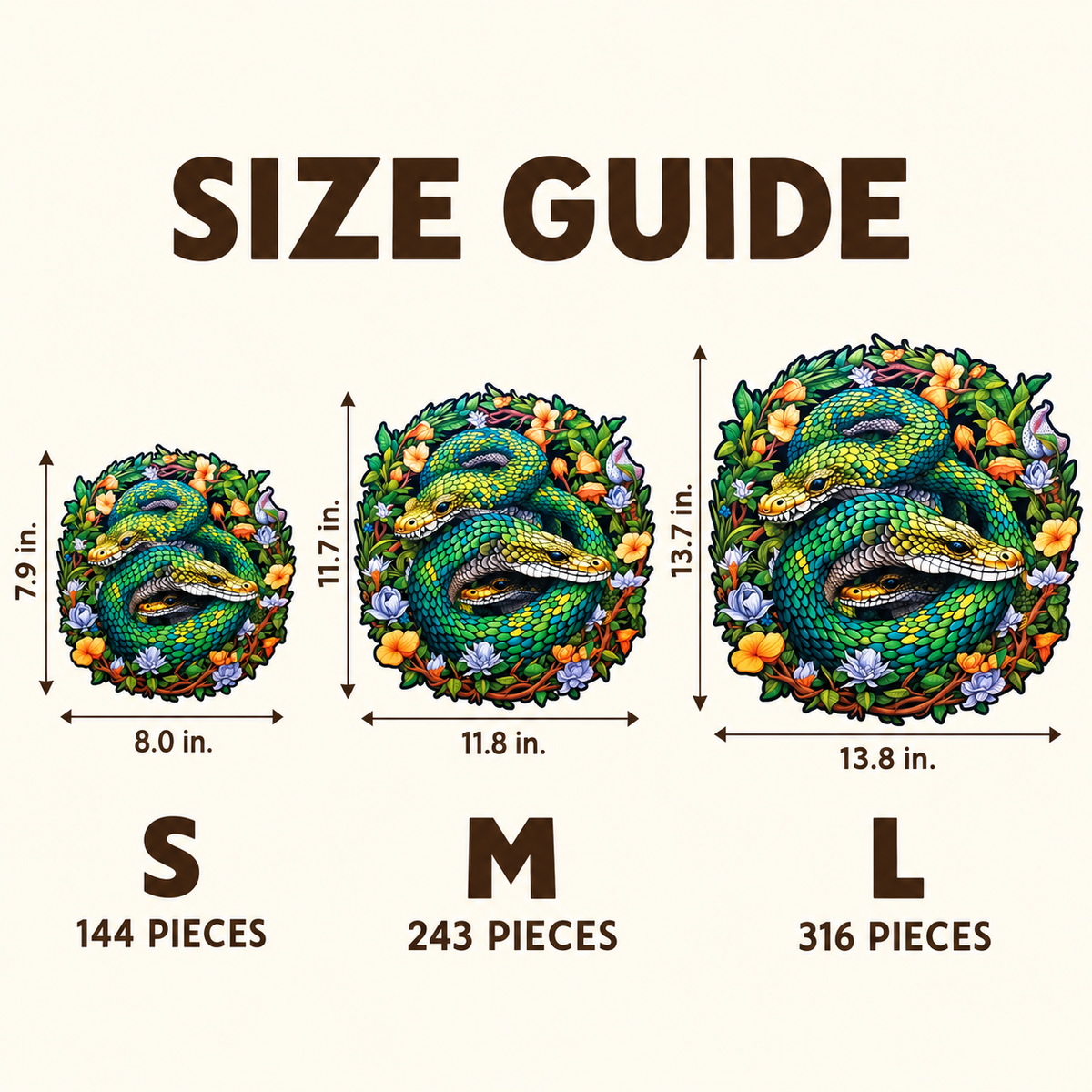 Emerald Serpent Garden Wooden Jigsaw Puzzle – Snake Family & Floral Art
