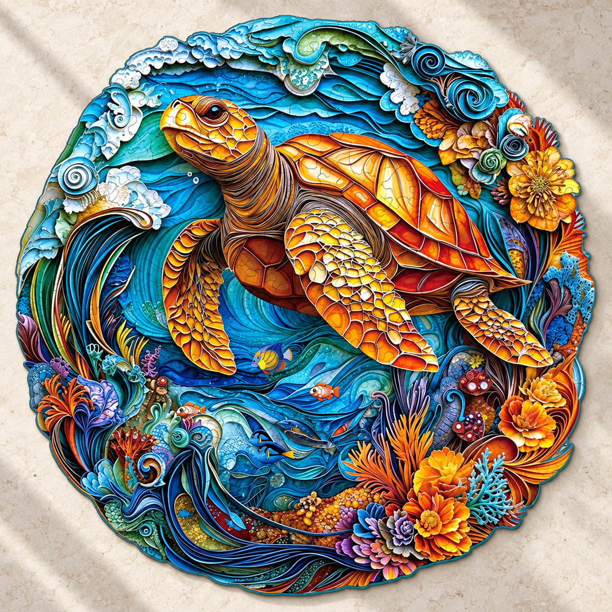 Golden Reef Sea Turtle Wooden Jigsaw Puzzle – Colorful Ocean Art