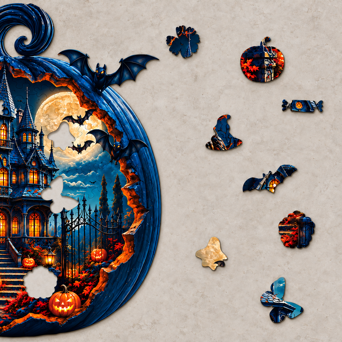Haunted Harvest Manor Wooden Jigsaw Puzzle – Moonlit Halloween Scene
