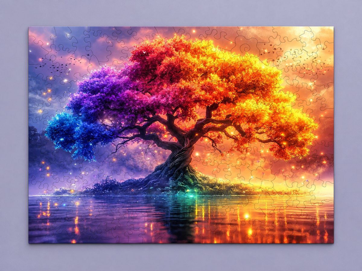 Rainbow Radiance Tree of Life Wooden Jigsaw Puzzle – Fantasy Tree & Water Reflection Art