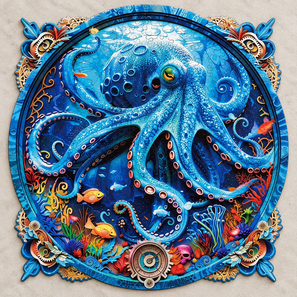 Azure Abyss Wooden Jigsaw Puzzle – Octopus & Ornate Underwater Art