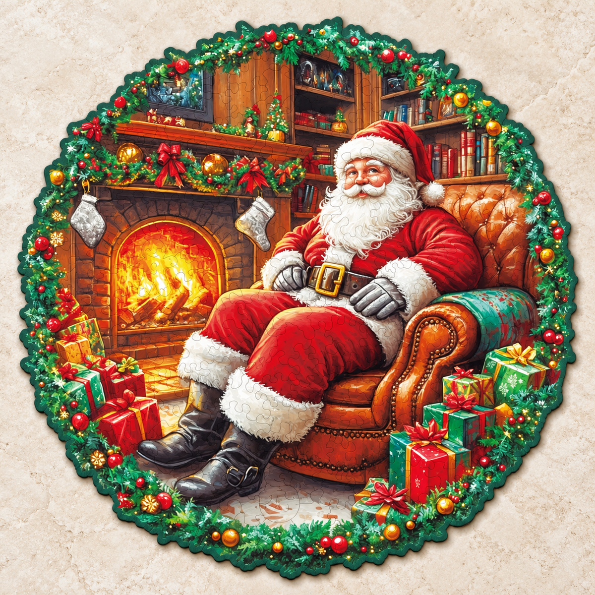 Santa’s Fireside Retreat Wooden Jigsaw Puzzle – Cozy Christmas Scene
