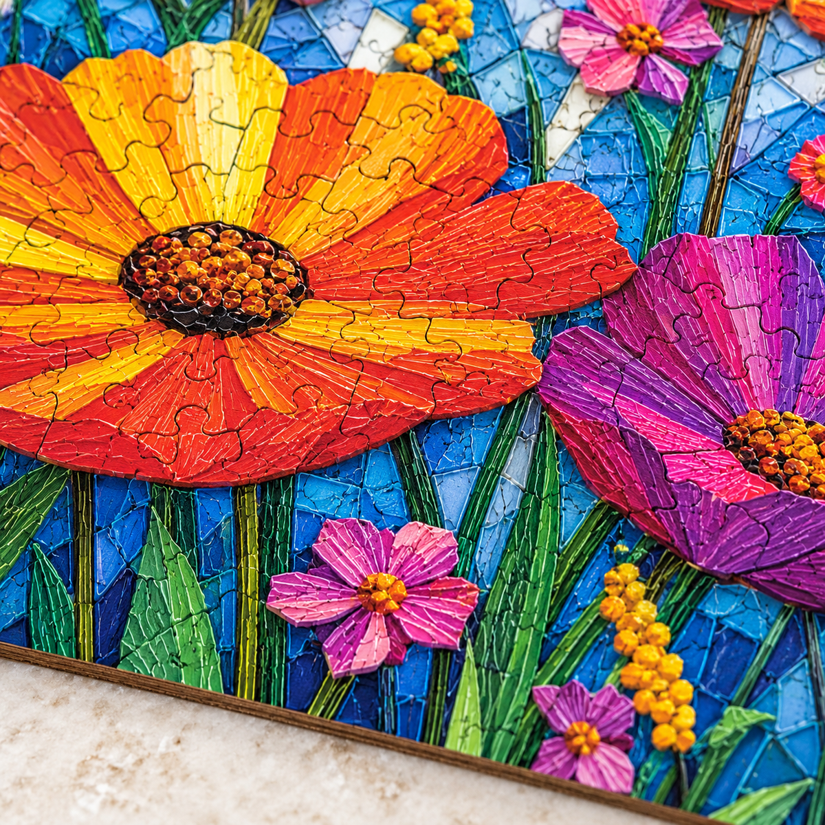 Mosaic Meadow Wooden Jigsaw Puzzle – Colorful Floral Glass Art