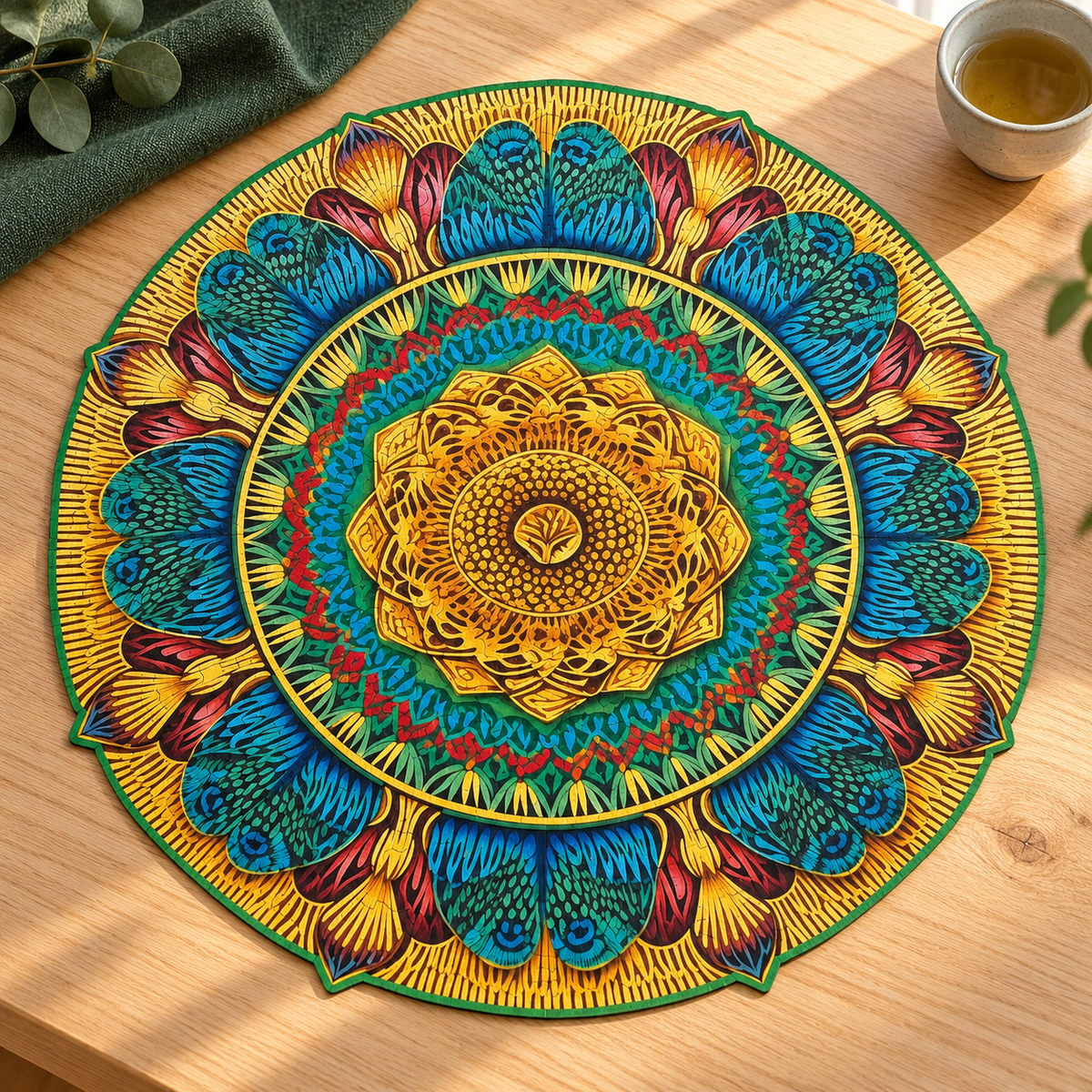 Golden Bloom Mandala Wooden Jigsaw Puzzle – Teal Feather & Floral Pattern