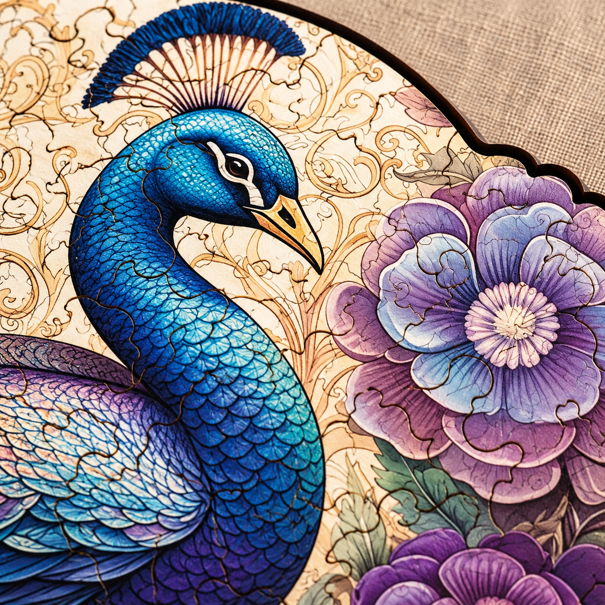 Peacock in Bloom Wooden Jigsaw Puzzle – Blue Feathers & Purple Floral Art