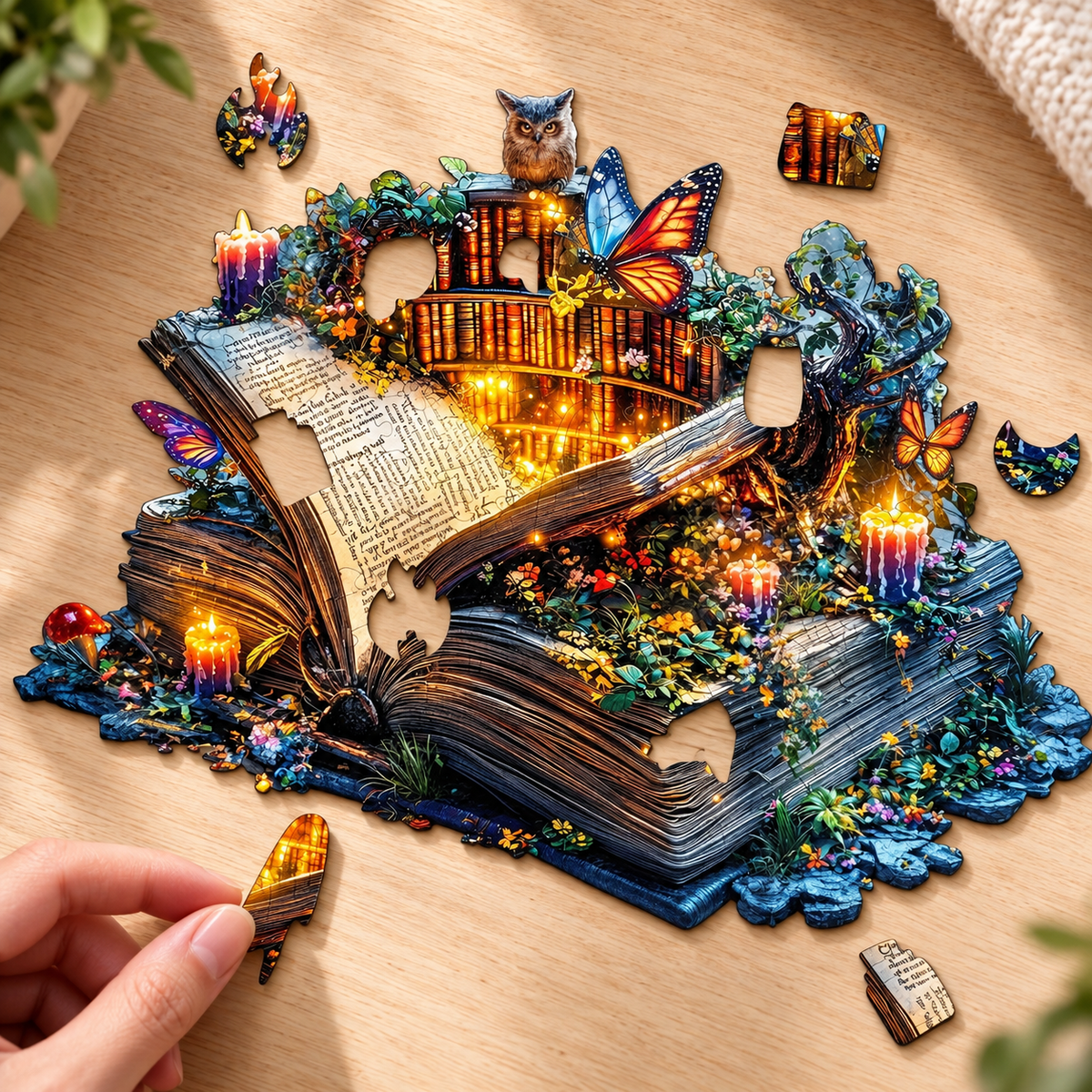 Enchanted Library Wooden Jigsaw Puzzle – Owl & Butterfly Book Art