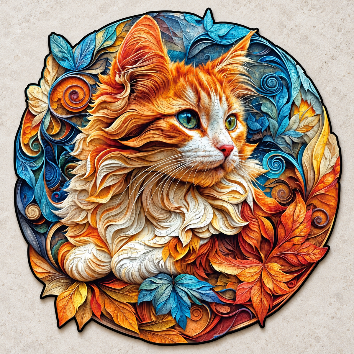 Amber Whiskers Wooden Jigsaw Puzzle – Ginger Kitten & Ornamental Leaf Art