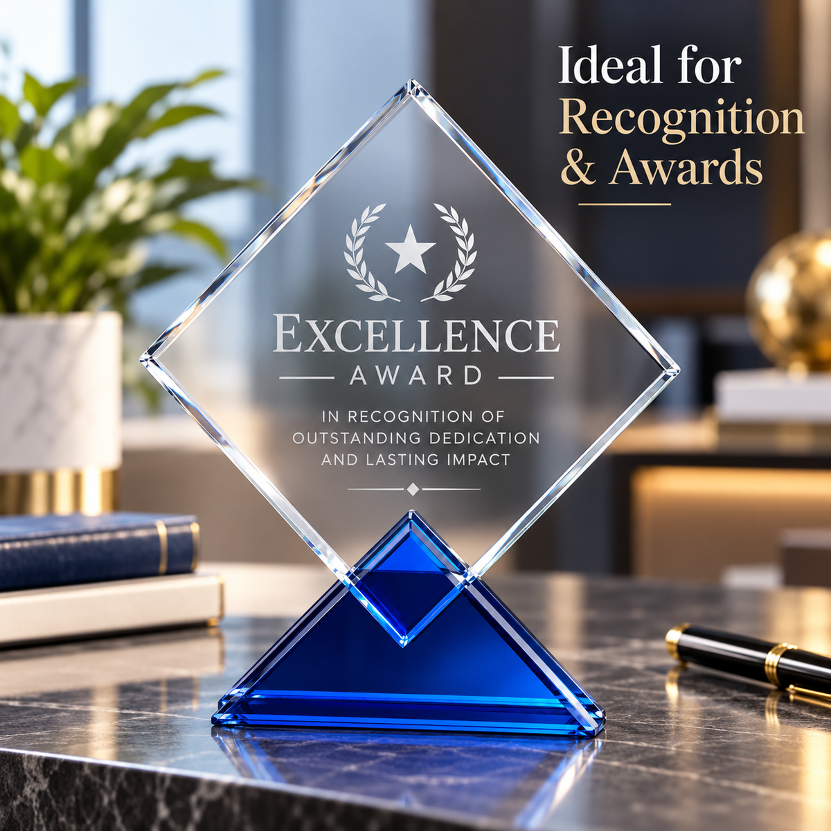 Custom Diamond Crystal Plaque with Blue Triangular Base