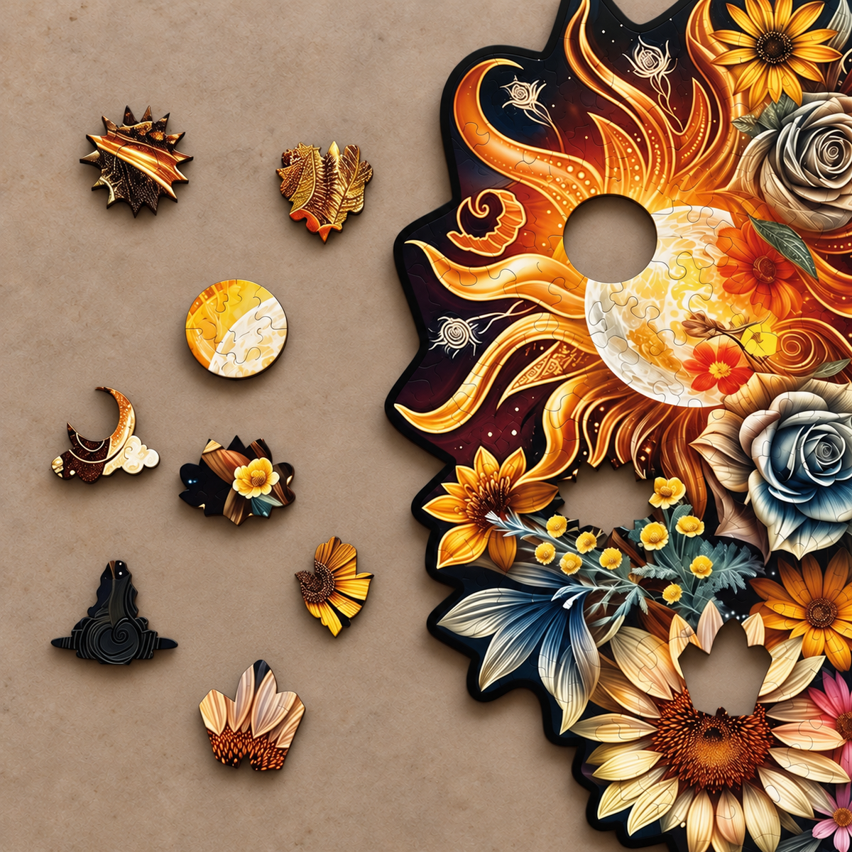 Celestial Bloom Wooden Jigsaw Puzzle – Moon Goddess, Golden Sun & Floral Art